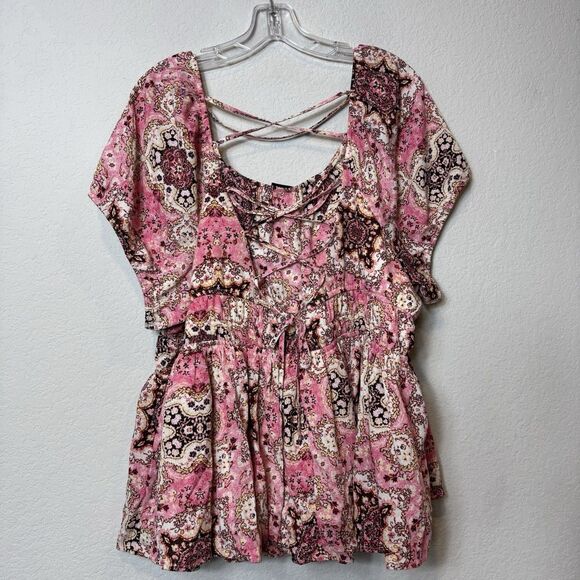 Torrid Washable Crinkle Gauze Cross Cross Back Plus Size Pink Top Square Neck 3X - Picture 9 of 14